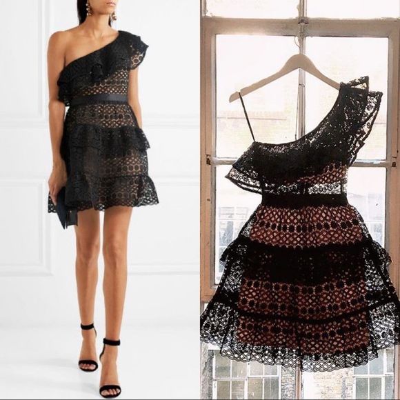 Self-Portrait Black and Tan Asymmetrical Ruffled Mini Dress - Picture 1 of 8